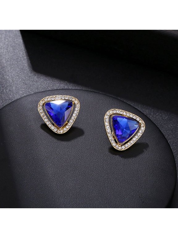 Clip on 1" gold, clear & blue stone triangle earrings