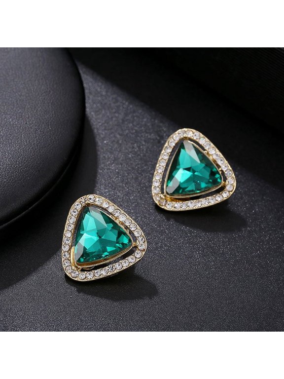 Clip on 1" gold, clear & green stone triangle earrings