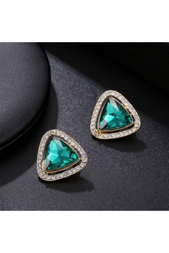 Clip on 1" gold, clear & green stone triangle earrings