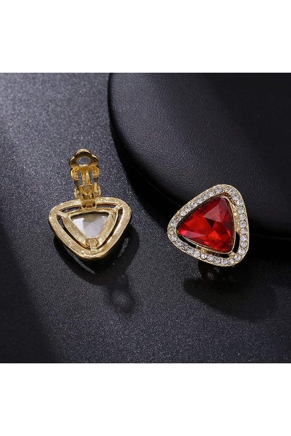 Clip on 1" gold, clear & red stone triangle earrings