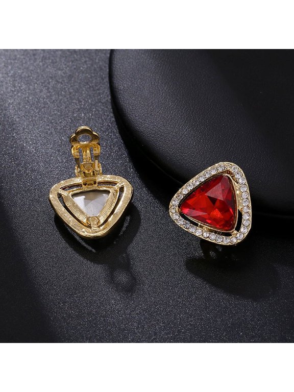 Clip on 1" gold, clear & red stone triangle earrings