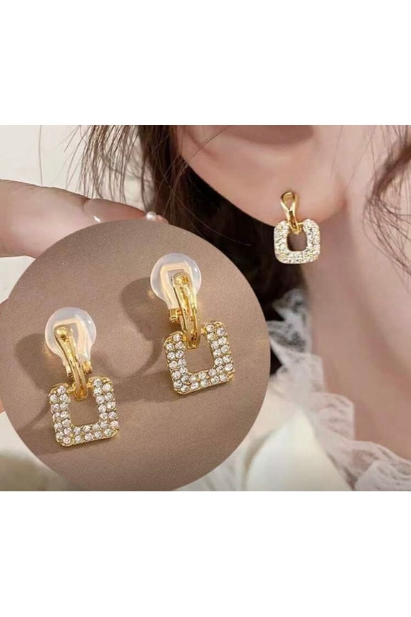 Clip on 1" gold clear stone dangle square earrings