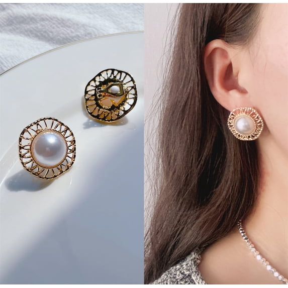 Clip on 1" gold cutout edge pearl button style earrings