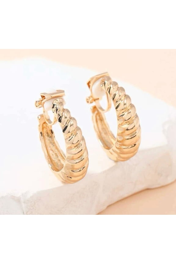 Clip on 1" gold indented scoop style open back hoop earrings