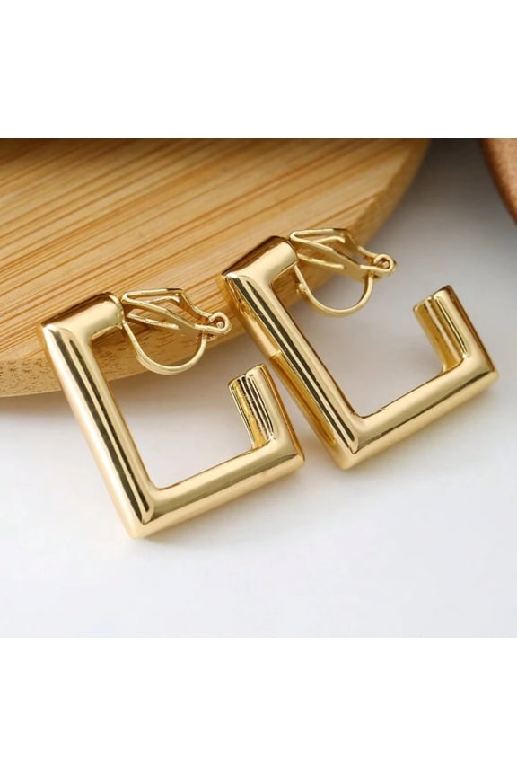 Clip on 1" shiny gold square open back earrings