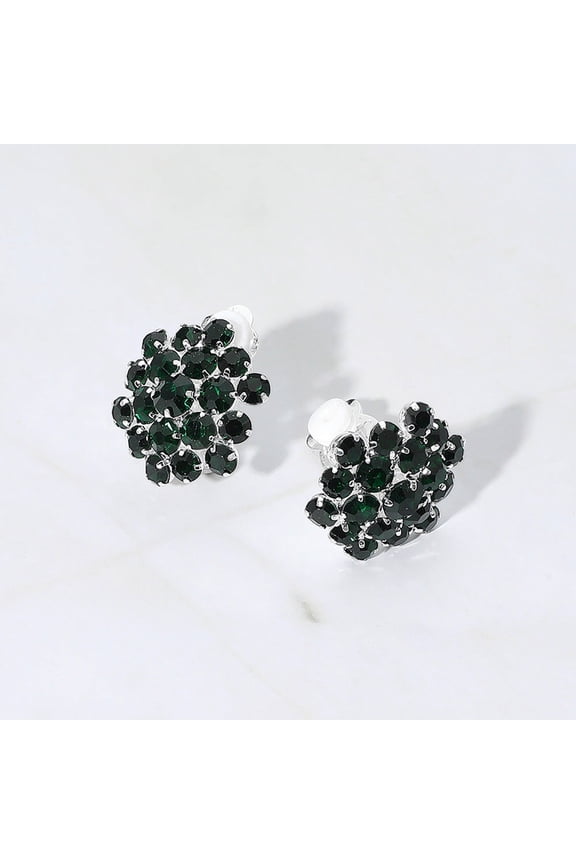 Clip on 1" silver and dark green cluster stones button style earrings