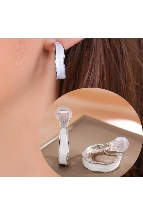 Clip on 1" silver and white wavy hoop earrings