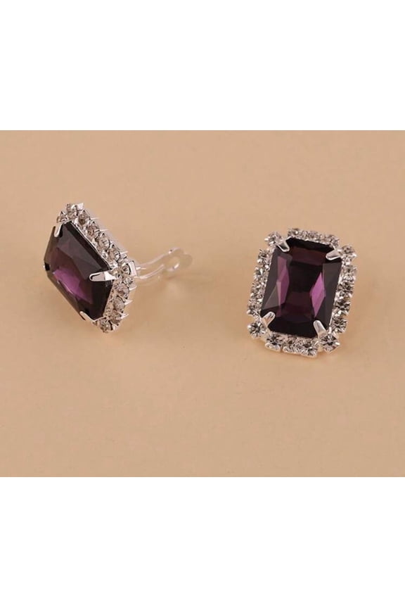 Clip on 1" silver, clear and purple square stone button style earrings