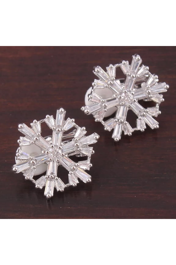 Clip on 1" silver or gold baguette cut clear stone snowflake earrings