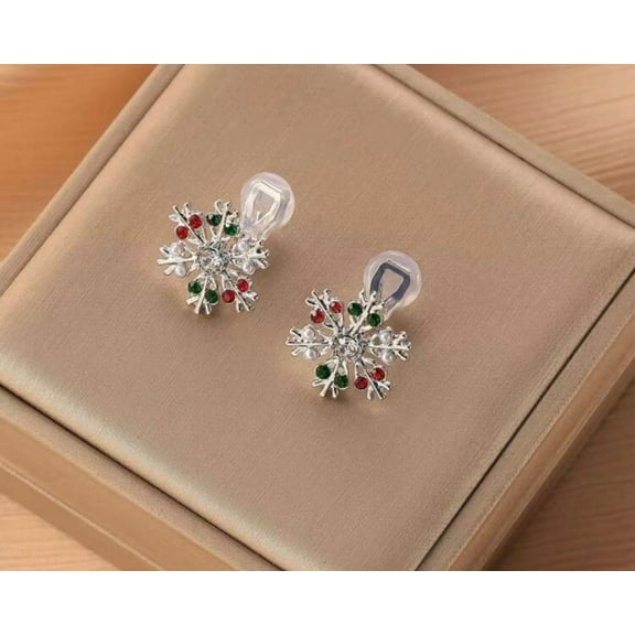 Clip on 1" silver, red, green and pearl snowflake button style earrings (Copy)
