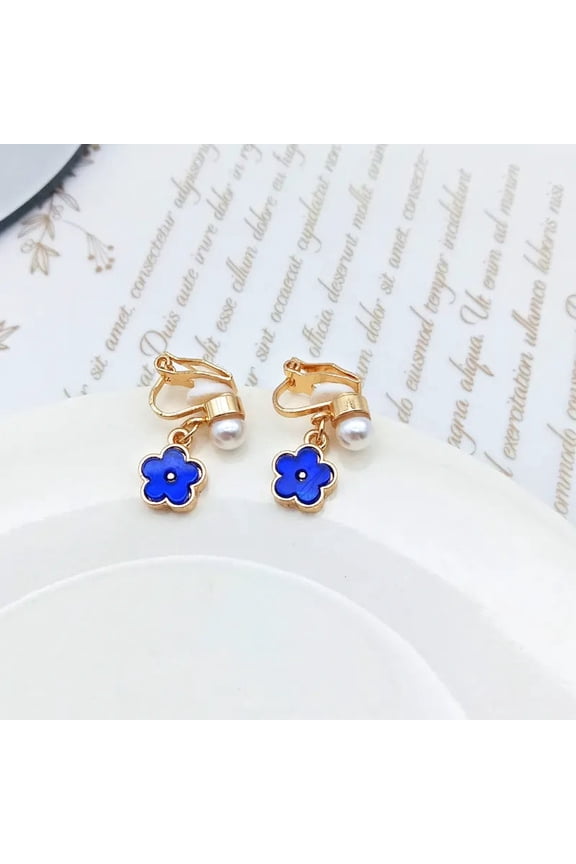 Clip on 1" small pearl, gold and blue dangle flower earrings