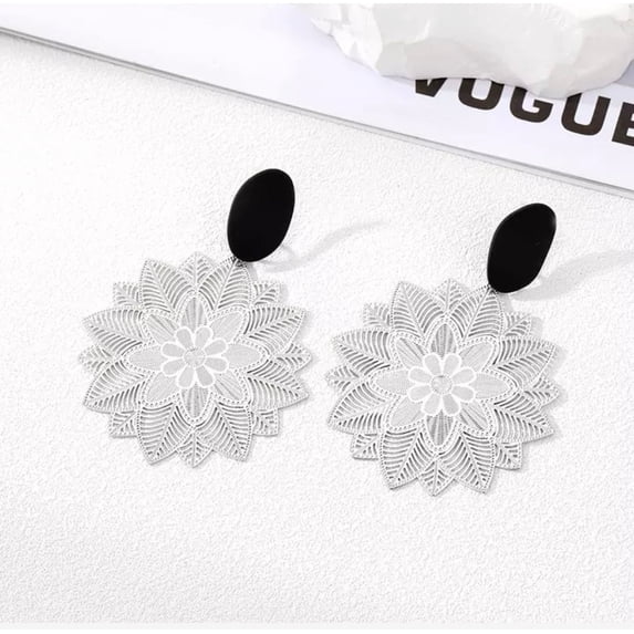 Clip on 2 1/2" black, silver or gold cutout dangle flower earrings