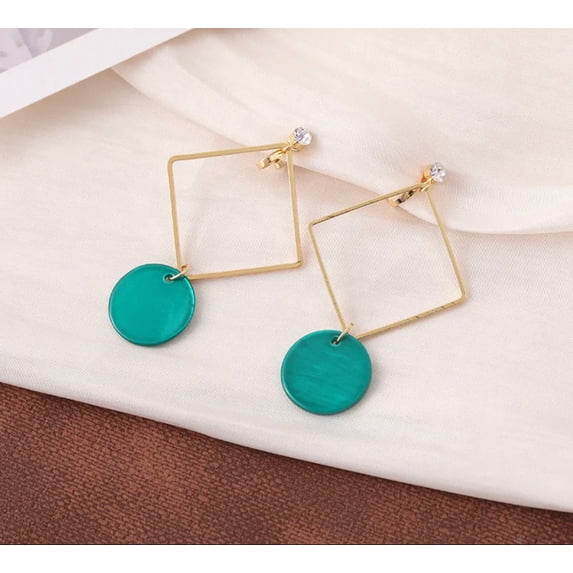 Clip on 2 1/2" gold square earrings with dangle turquoise shell and clear stone