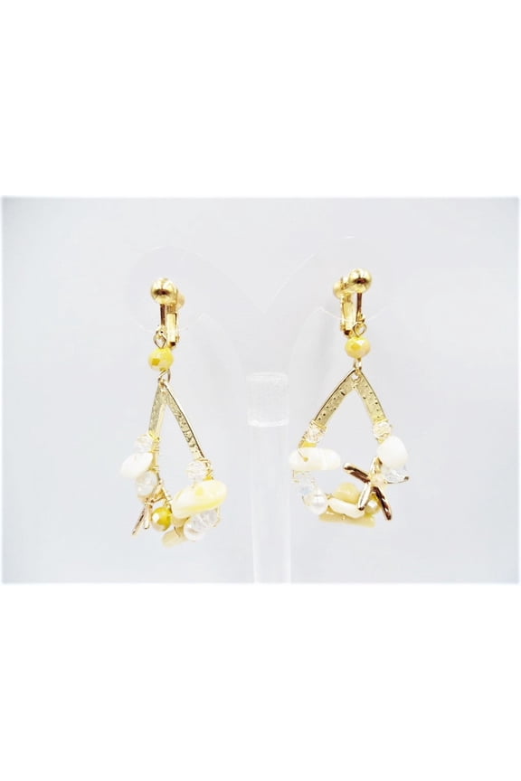 Clip on 2 1/2" gold teardrop starfish earrings with cream bead earrings