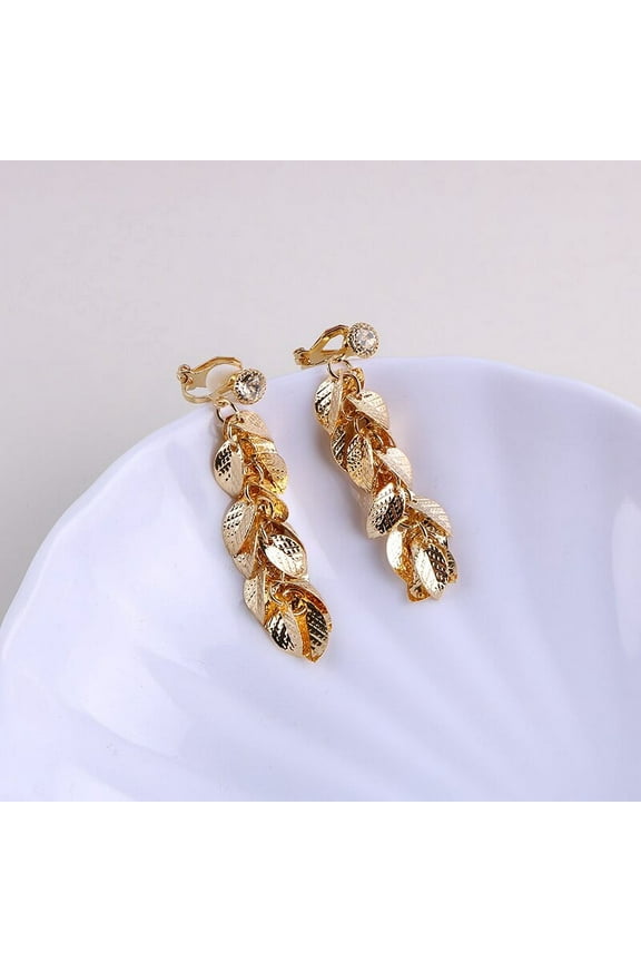 Clip on 2 1/2" long gold cluster leaf earrings with small clasp