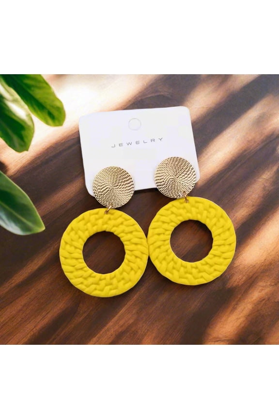 -On 2 1/2" Round Gold Top Earrings with Dangle Yellow Woven Hoop