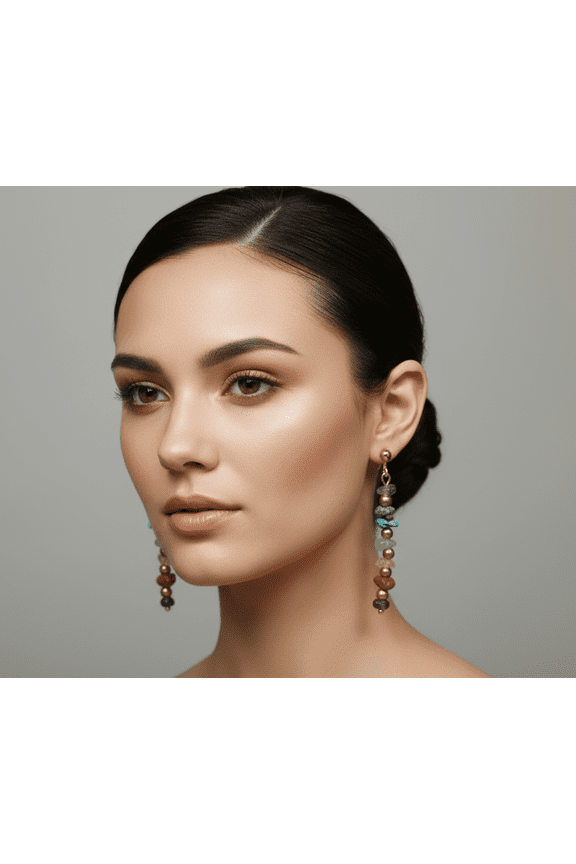 Clip on 2 1/4" gold and multi color odd shaped stone dangle earrings