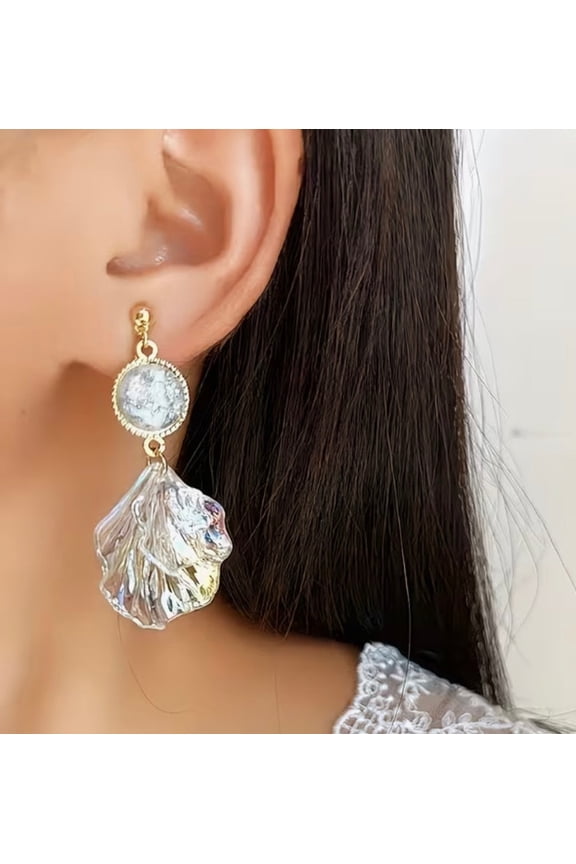 Clip on 2 1/4" gold & silver glitter dangle iridescent shell earrings
