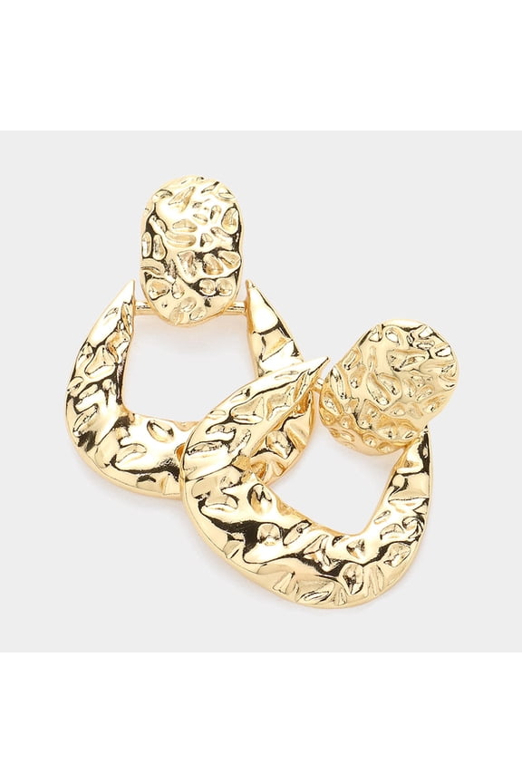 Clip on 2 1/4" large gold hammered told dangle door knob earrings