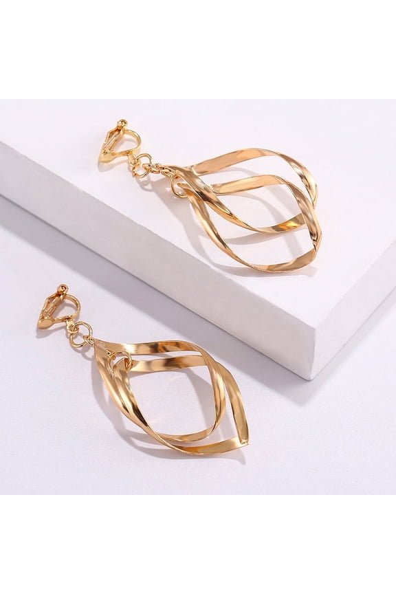 Clip on 2 1/4" shiny gold double twisted dangle small clasp earrings