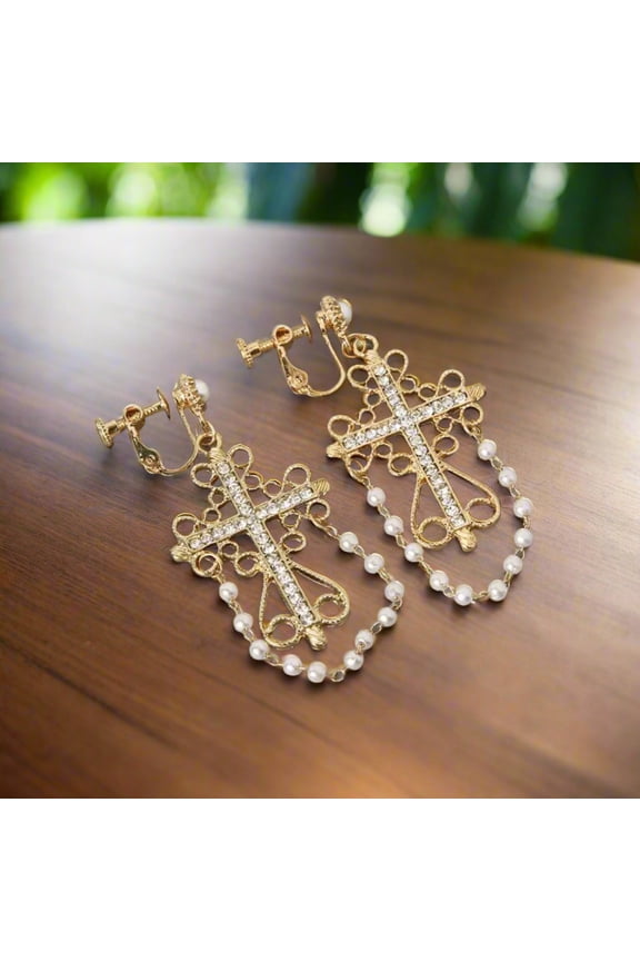 Clip on 2 3/4" gold dangle cross earrings with clear stones and pearls