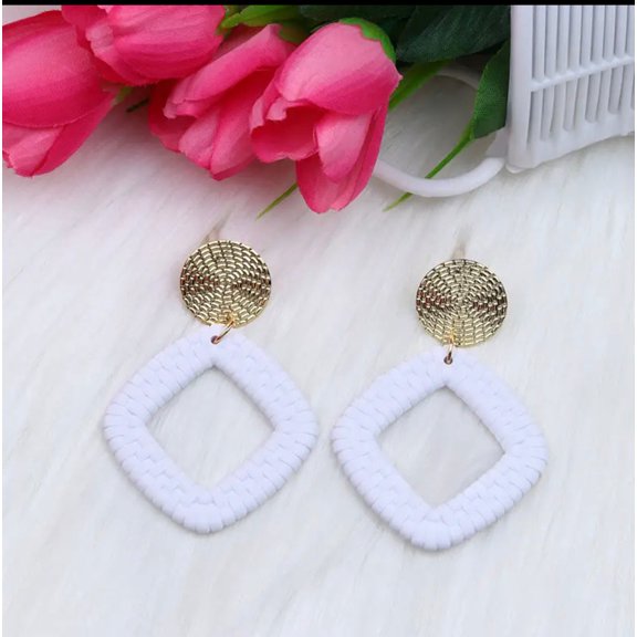 Clip on 2 3/4" gold woven square earrings in a variety of colors