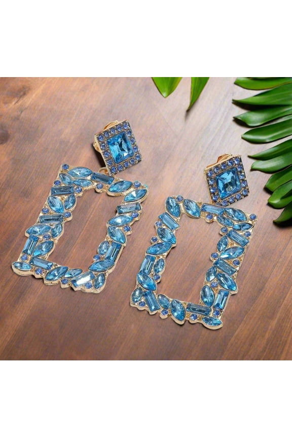 Clip on 2 3/4" lg gold and blue multi shaped stone dangle square earrings