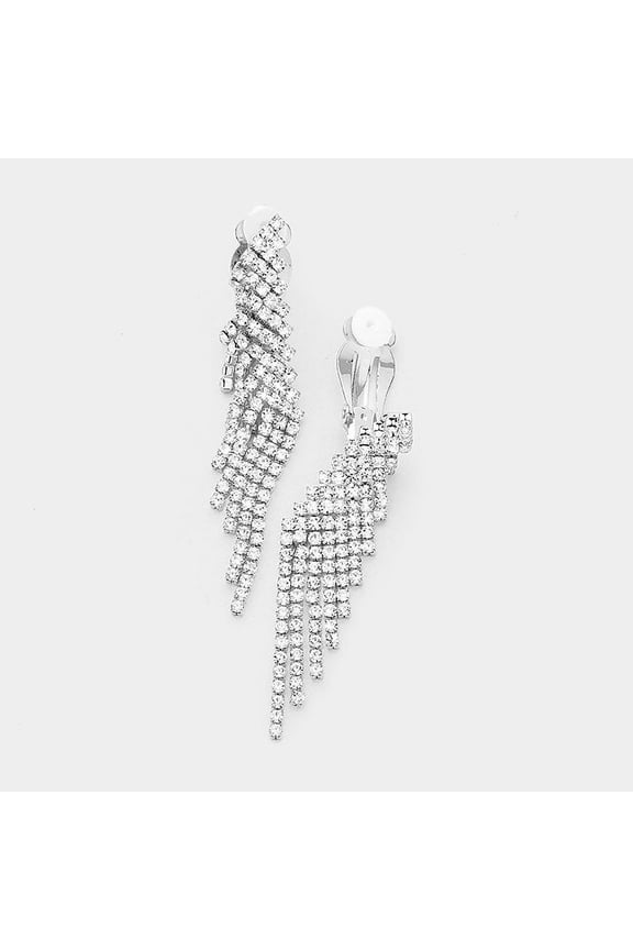 Clip on 2 3/4" silver clear stone graduated dangle earrings