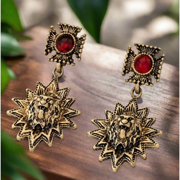 Clip on 2"gold lion and cross dangle earrings with red stone