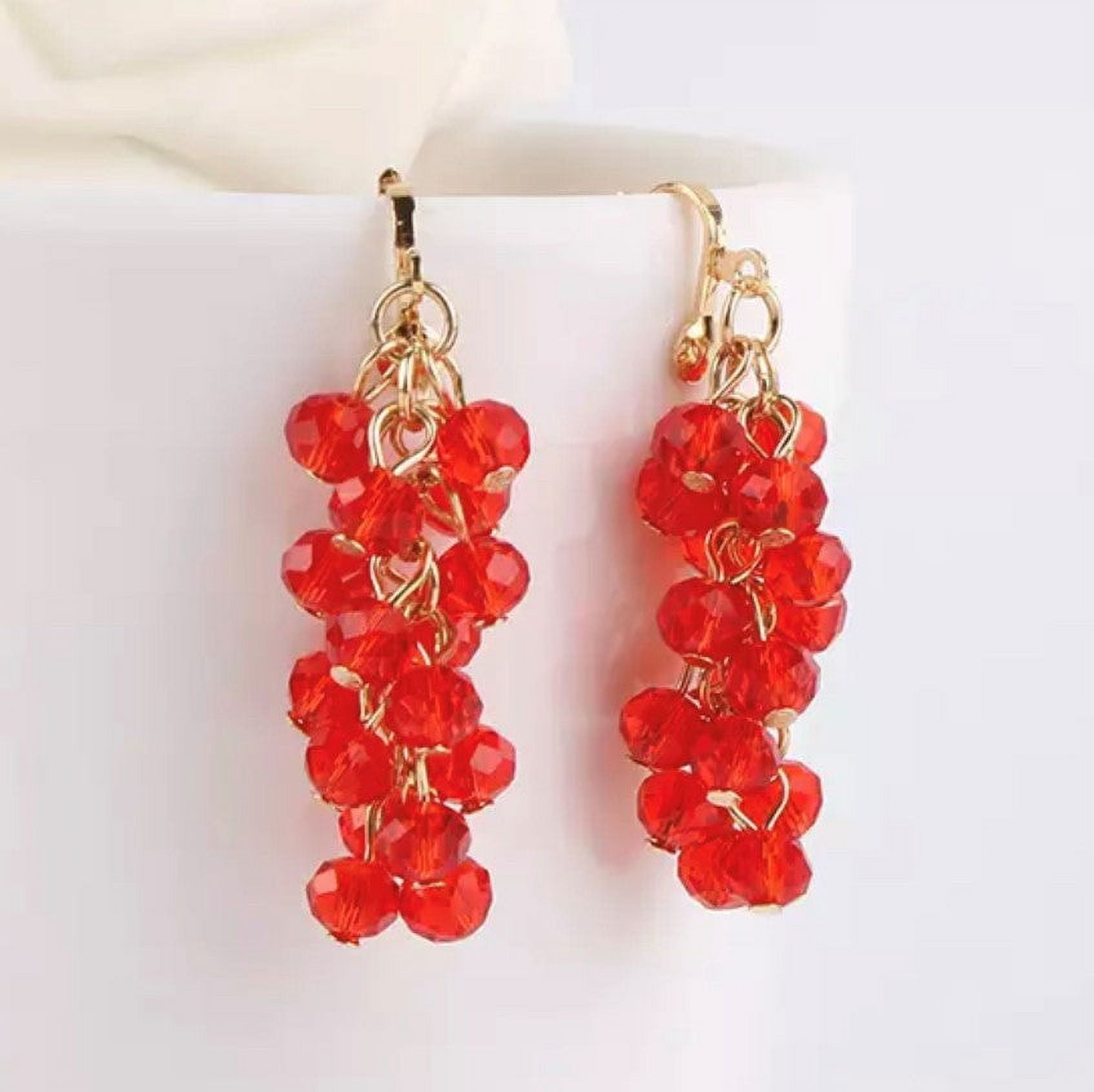 Clip on 2" long gold and red bead cluster dangle earrings