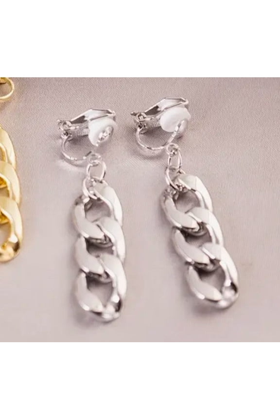 Clip on 2" silver three link chain dangle earrings