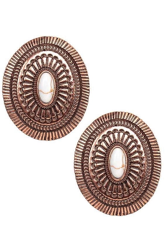 Clip on 2" western rose XL indented white stone oval earrings