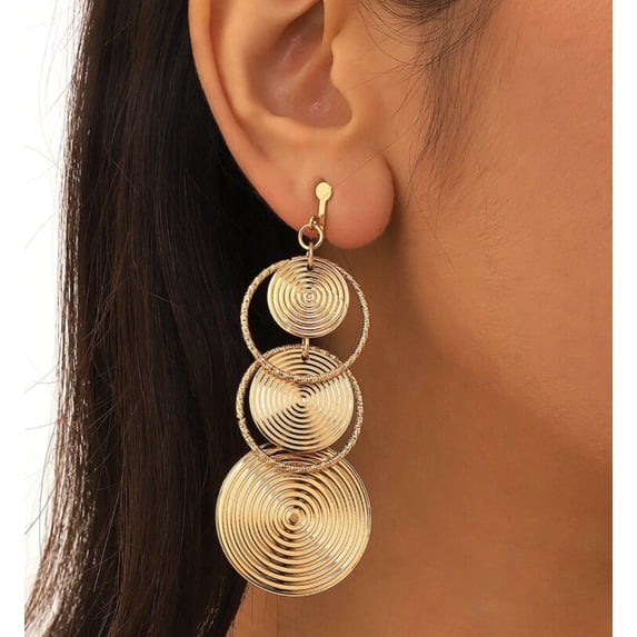 Clip on 3 1/4" long gold textured circle and hoop dangle earrings