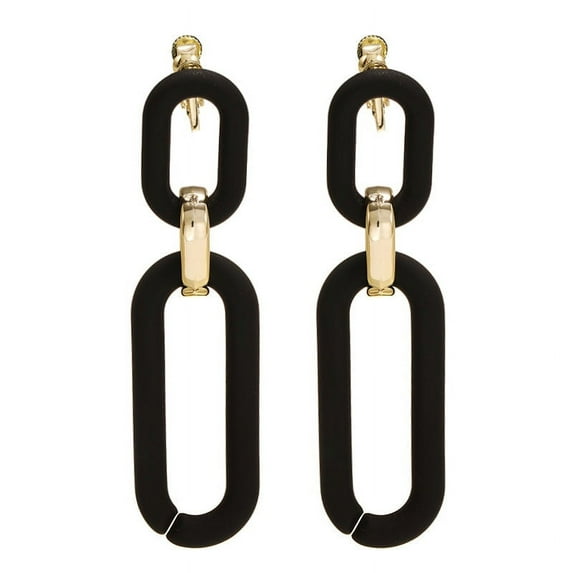 Clip on 3 1/4" vintage gold and black long oval dangle earrings