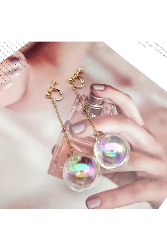 Clip on 3 3/4" long gold chain water filled iridescent dangle ball earrings
