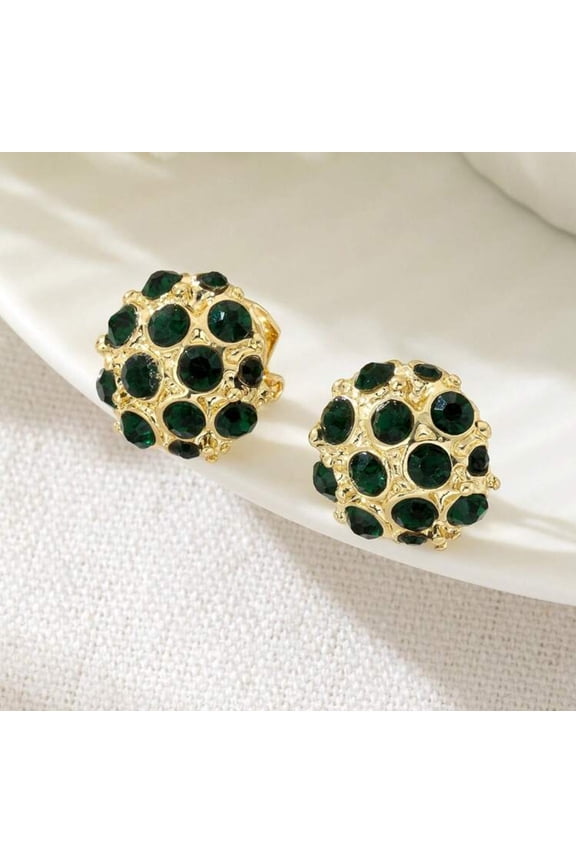 Clip on 3/4" gold and dark green stone cluster button style earrings