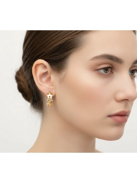 Clip on 3/4" gold square chain design hoop earrings