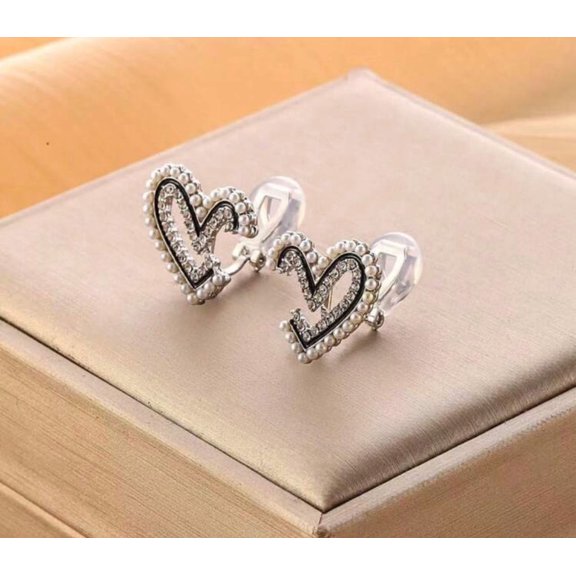 Clip on 3/4" silver, black and pearl cutout heart button style earrings