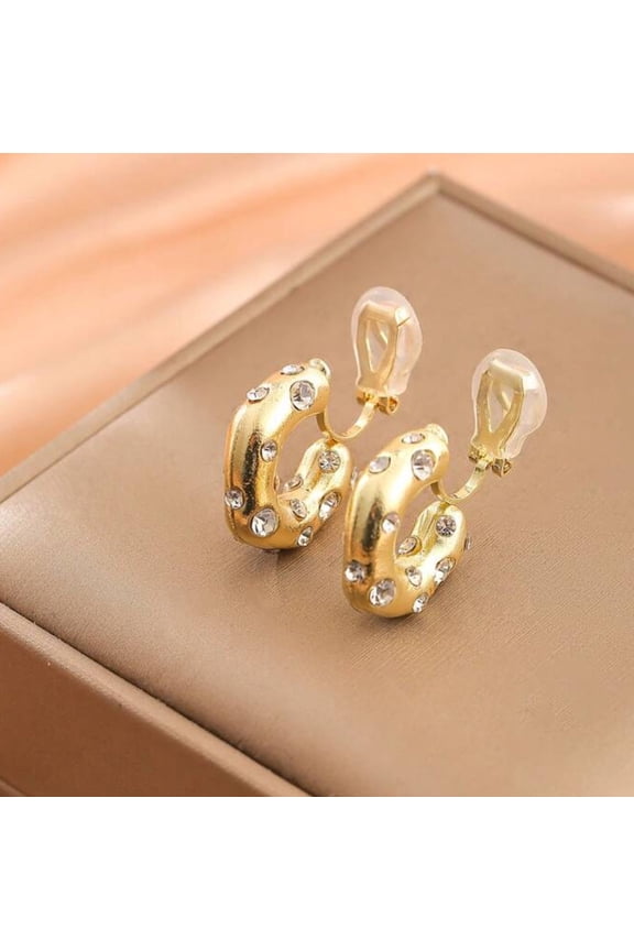 Clip on 3/4" small gold barrel style hoop earrings with clear stones