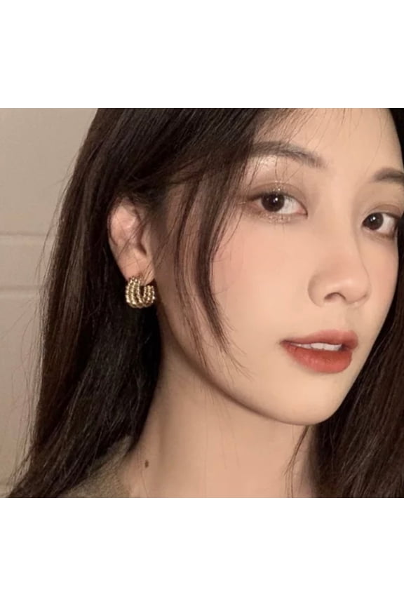 Clip on 3/4" small gold wide three row rope hoop earrings