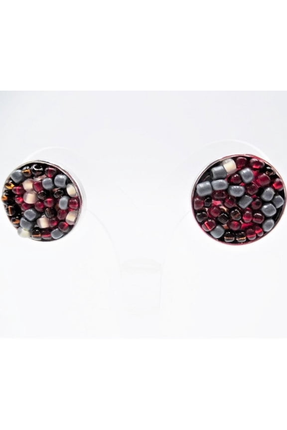 Clip on 3/4" small silver, red multi colored seed bead round earrings