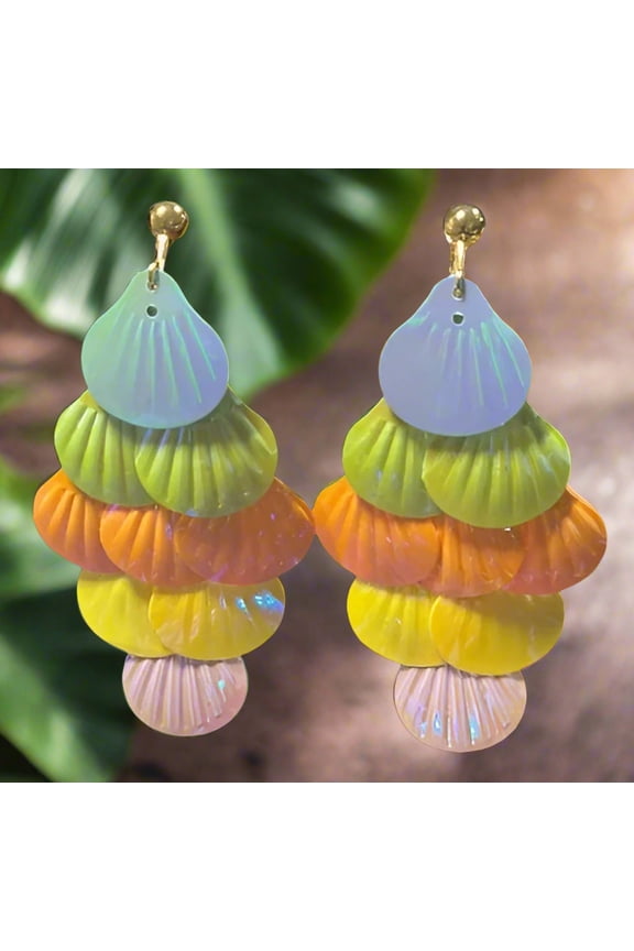 Clip on 3" gold and bright multi colored iridescent layered shell earrings