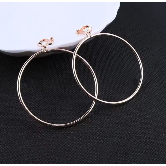 Clip on 3" large rose gold dangle hoop earrings with small clasp