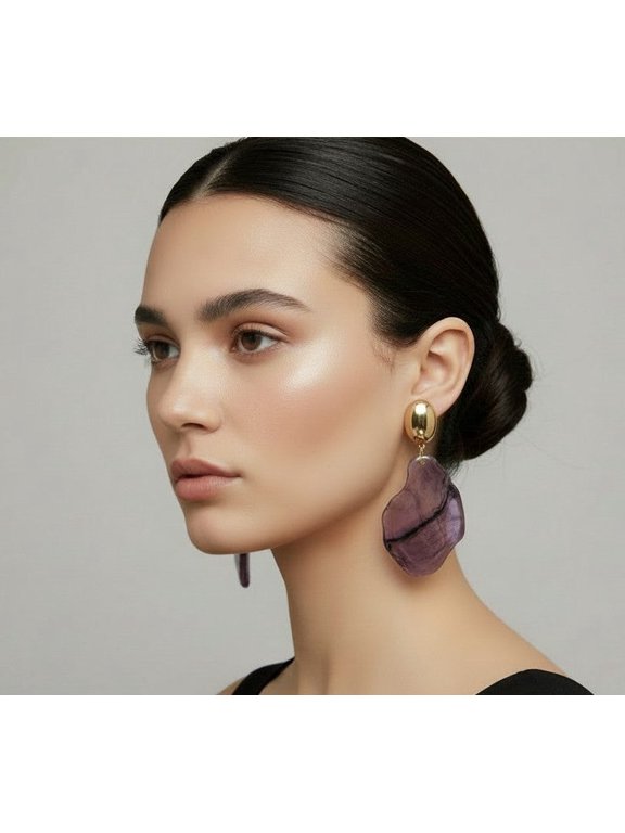 Clip on 3" shiny gold and purple odd shaped flat bead dangle earrings