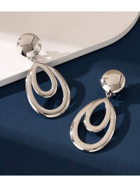 Clip on 3" shiny silver cutout teardrop dangle earrings