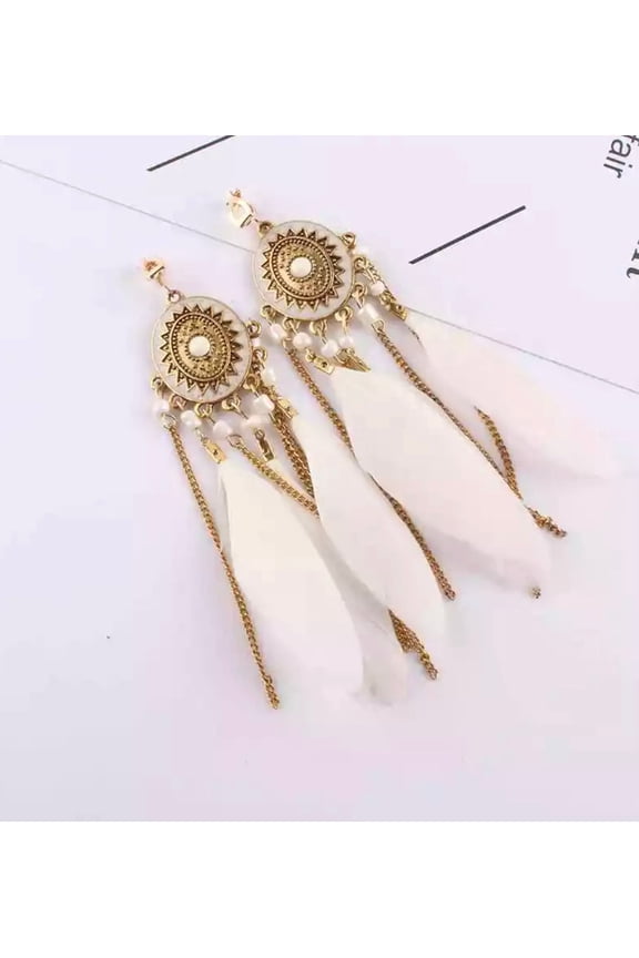 Clip on 4 3/4" long Aztec gold chain oval white feather beaded earrings