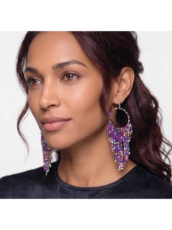 Clip on 4 3/4" long silver screw back purple multi colored seed bead earrings