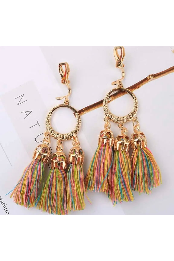 Clip on 4" long gold small hoop string dangle earrings in a variety of colors