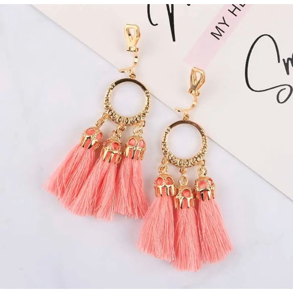 Clip on 4" long gold small hoop string dangle earrings in a variety of colors