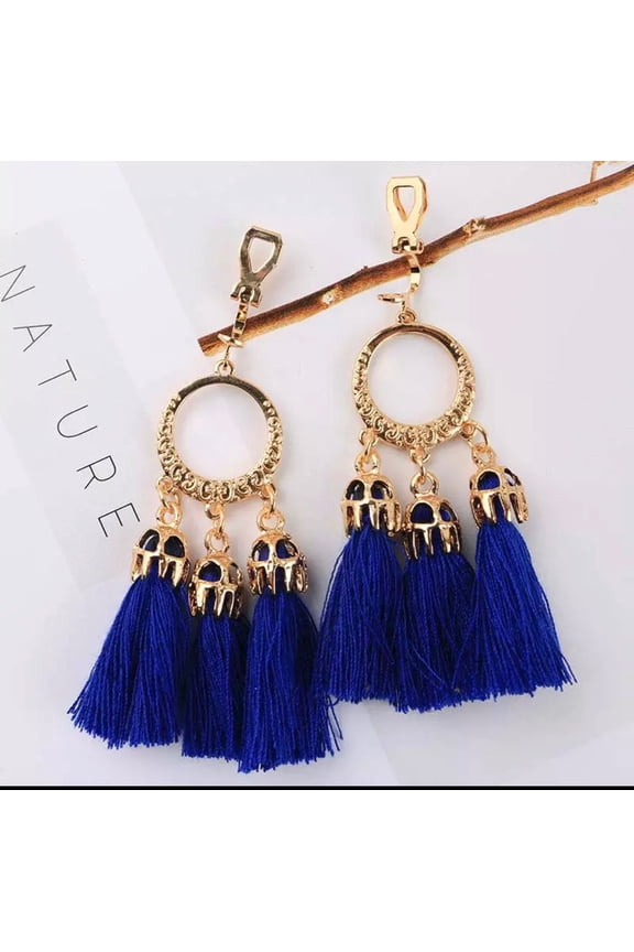 Clip on 4" long gold small hoop string dangle earrings in a variety of colors